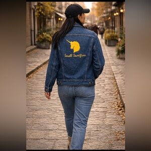 Upcycled  Dark Blue Denim Embellished Jacket with ABC Patch size L.